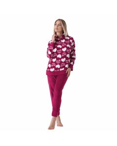 KarelPiu Pigiama Completo Calibrato KF7222 Mezza Zip in Morbido Pile Coral Fleece con Fantasia Taglie Forti Donna